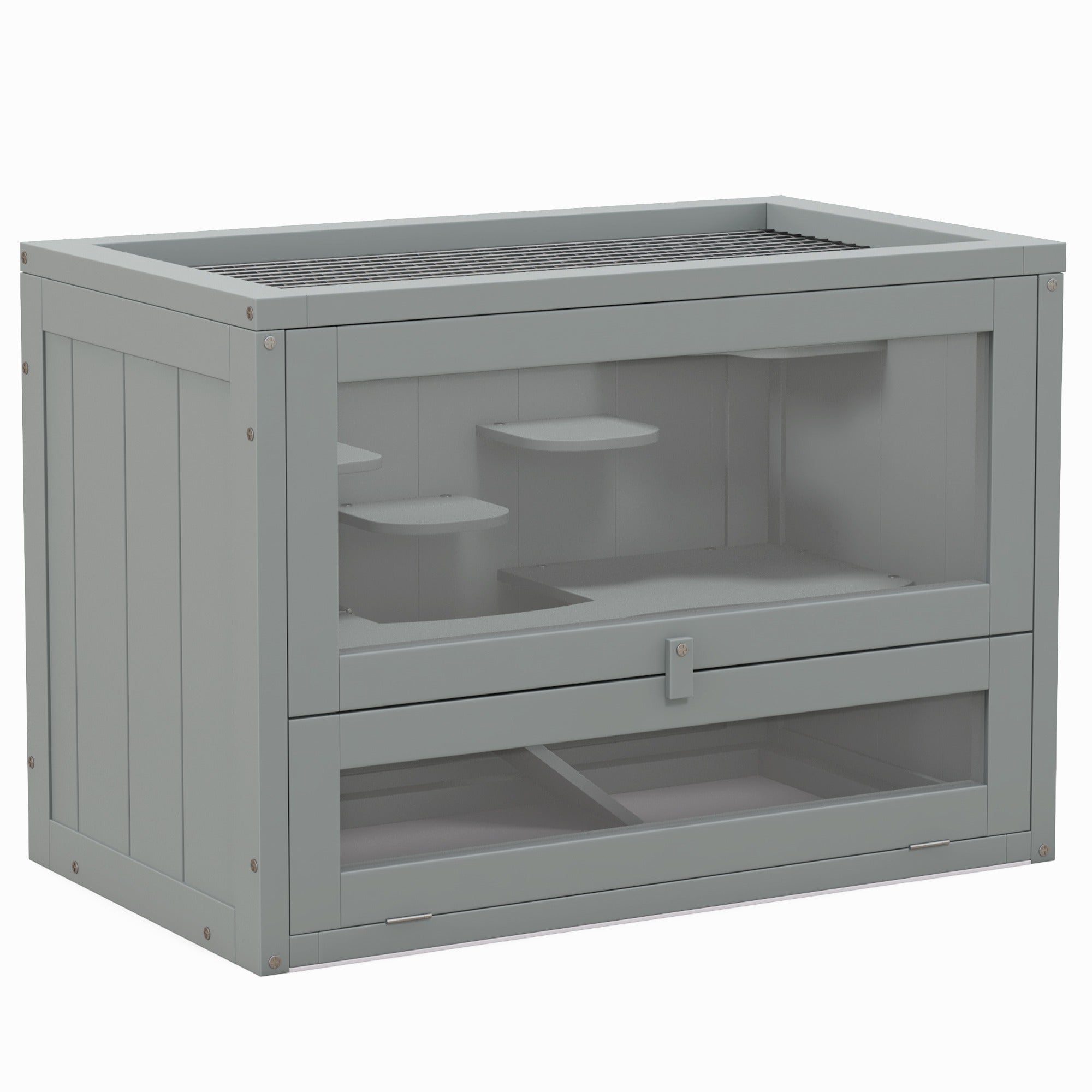PawHut Wooden Hamster Cage Mouse Mice Rodent Small Animals Hutch Exercise Play House 60 x 35 x 42cm, Grey 