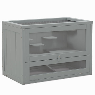 PawHut Wooden Hamster Cage Mouse Mice Rodent Small Animals Hutch Exercise Play House 60 x 35 x 42cm, Grey 