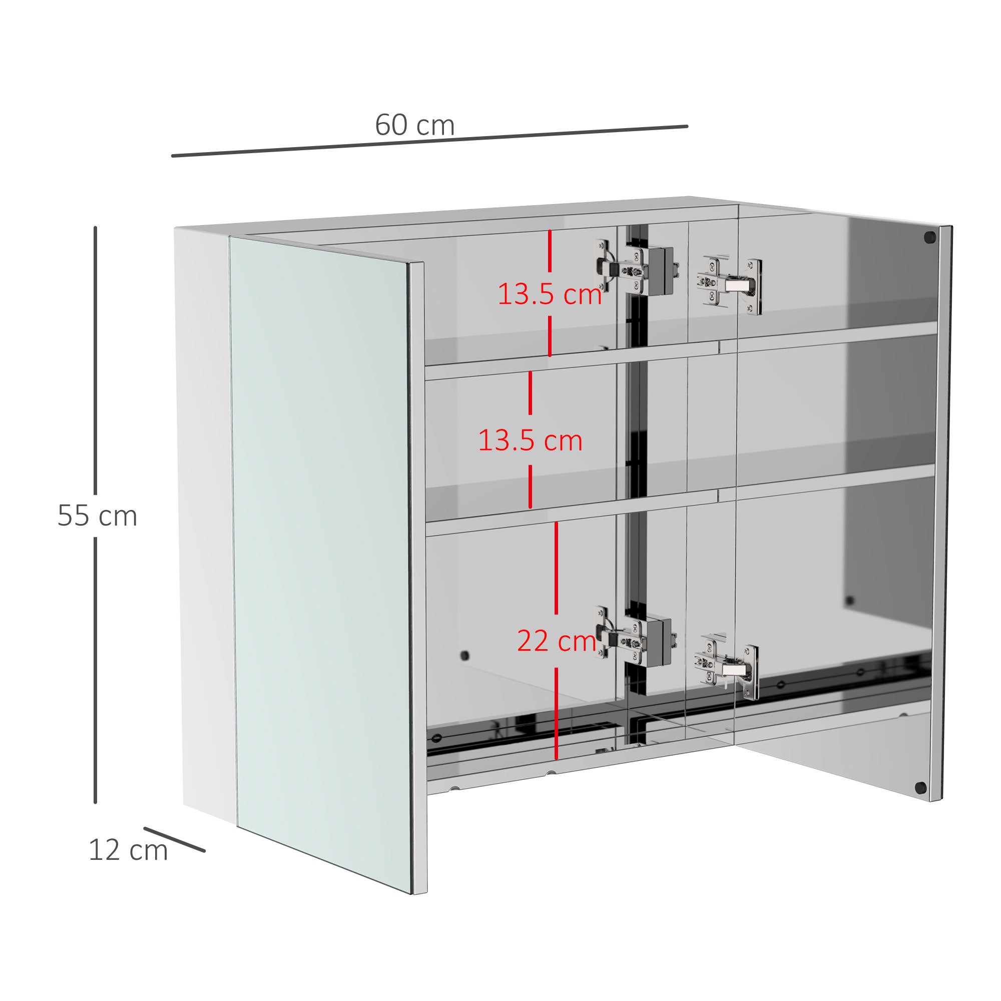 HOMCOM Bathroom Mirror Cabinet, Stainless Steel Wall Mounted  Bathroom Storage Cabinet with Double Doors, 60x55cm 