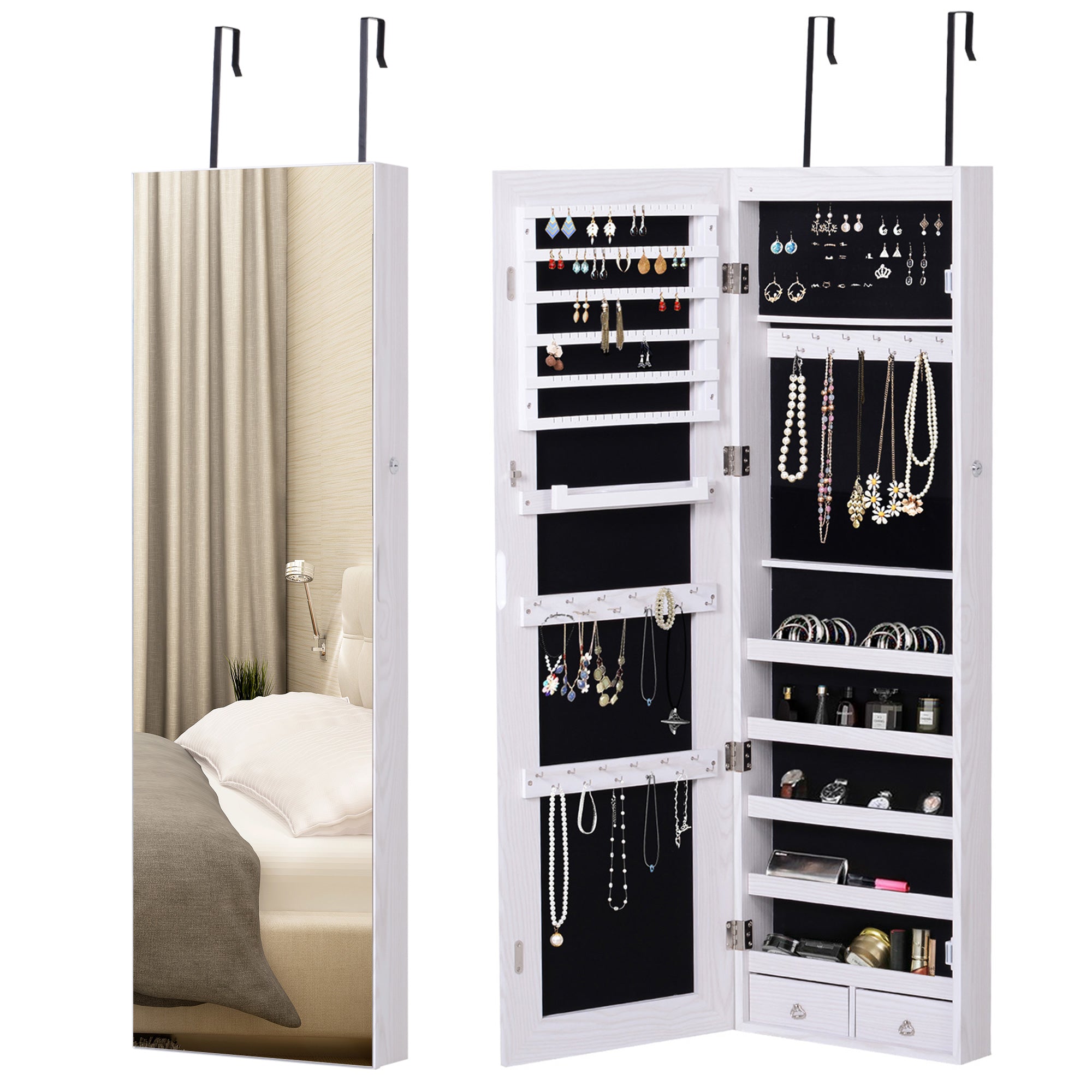 HOMCOM Jewelry Cabinet with Mirror and LED Lights, Lockable Makeup Cosmetics Jewellery Organiser, Mirror with Storage for Bedroom Dressing Room, White 