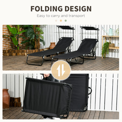Outsunny Set of Two Folding Sun Loungers, with Adjustable Backs and Sun Canopies - Black 