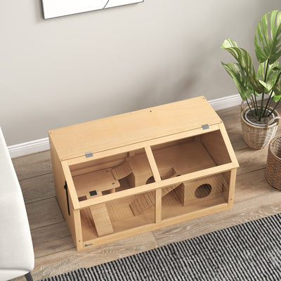 PawHut Hamster Cage, Wooden Small Animal Cage for Gerbils, Mice w/ Suspension Bridge, Openable Top, Hut, 85 x 45 x 44cm Nature 