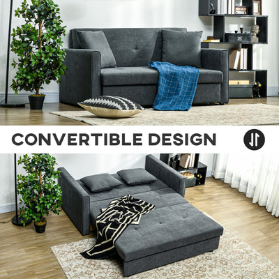 HOMCOM 2 Seater Sofa Bed, Convertible Bed Settee, Modern Fabric Loveseat Sofa Couch with 2 Cushions, Hidden Storage for Living Room, Guest Room, Dark Grey 