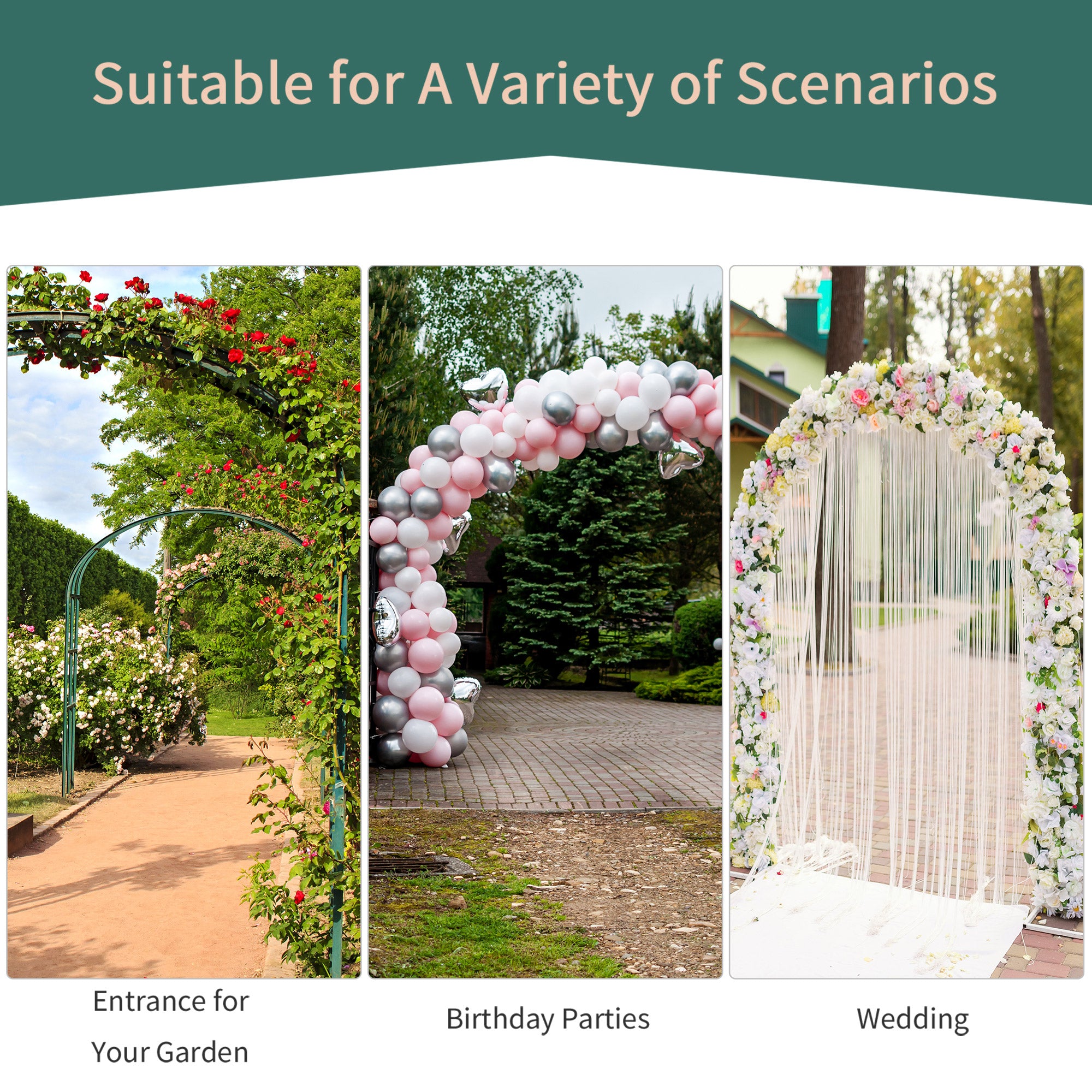 Outsunny Metal Garden Arch Trellis, Decorative Arbour Archway for Walkway Path Ceremony Wedding Party, 120 x 30 x 226cm 