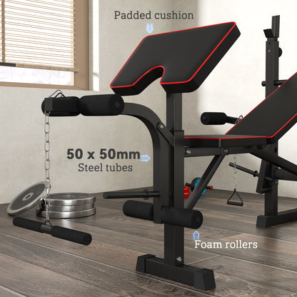 SPORTNOW Folding Weight Bench with Bench Press Rack, Preacher Curl Bench, Leg Curl Machine, Incline or Flat Workout Bench for Home Gym Strength Training Weight Lifting 