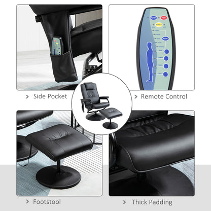 HOMCOM Swivel Recliner Chair and Footstool, Faux Leather Massage Recliner Armchair with Remote Control and Round Wrapped Base, Black