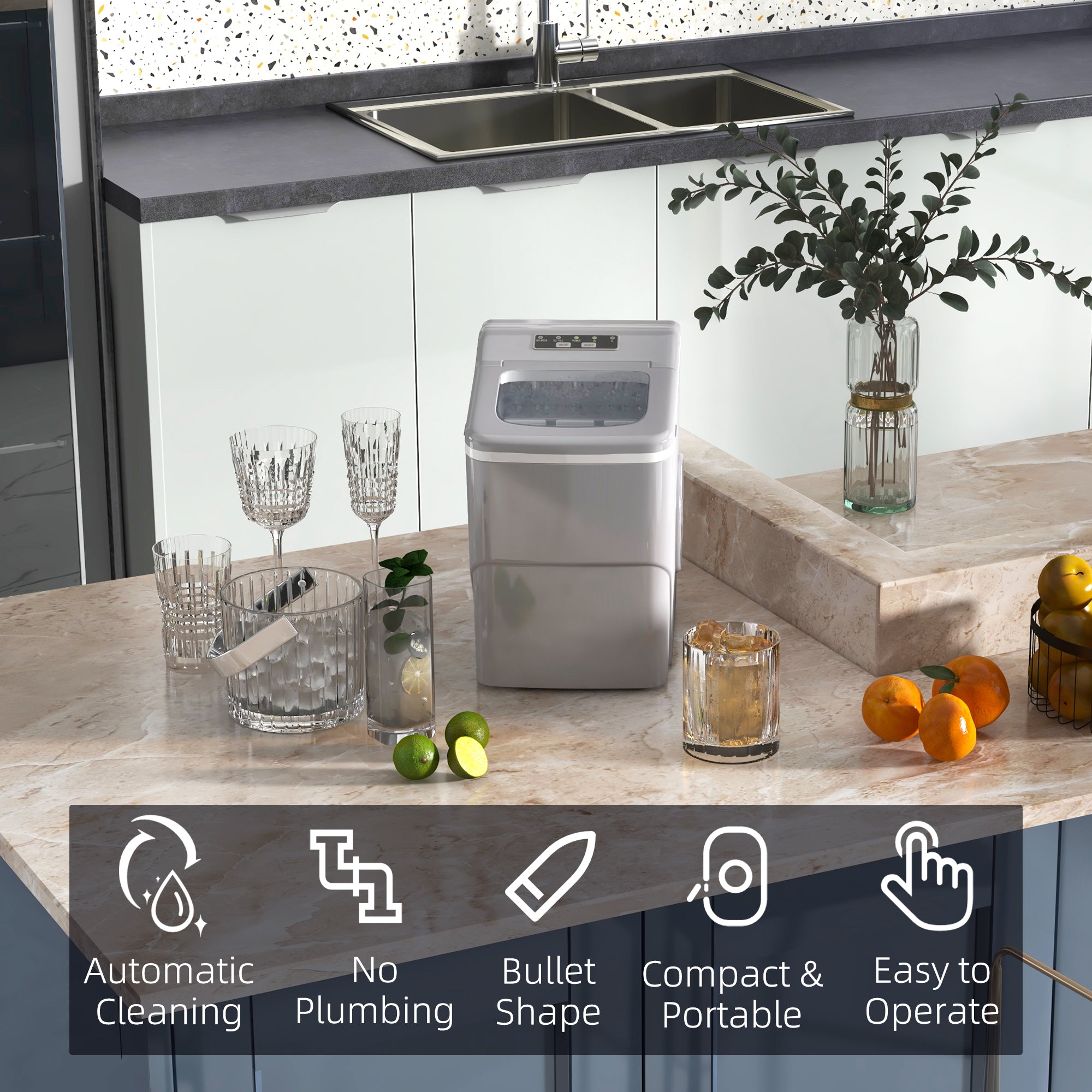 HOMCOM 12kg Countertop Ice Cube Machine, with Scoop - Silver-Tone 