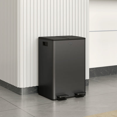 HOMCOM 56L Dual Compartment Stainless Steel Bin, with Deodoriser Holders - Black 