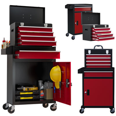 HOMCOM Two-Part Tool Storage Chest on Wheels - Black/Red 