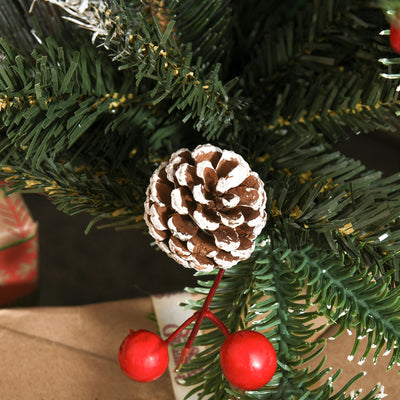 HOMCOM 4FT Artificial Snow Dipped Christmas Tree Xmas Pencil Tree Holiday Home Party Decoration with Foldable Feet Red Berries White Pinecones, Green 