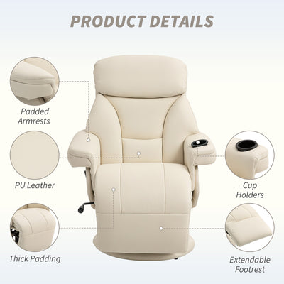 HOMCOM Manual Recliner Chair with Footrest, Upholstered Reclining Armchair with Adjustable Backrest and Cup Holder, PU Leather Swivel Chair for Living Room, Bedroom, Cream White 