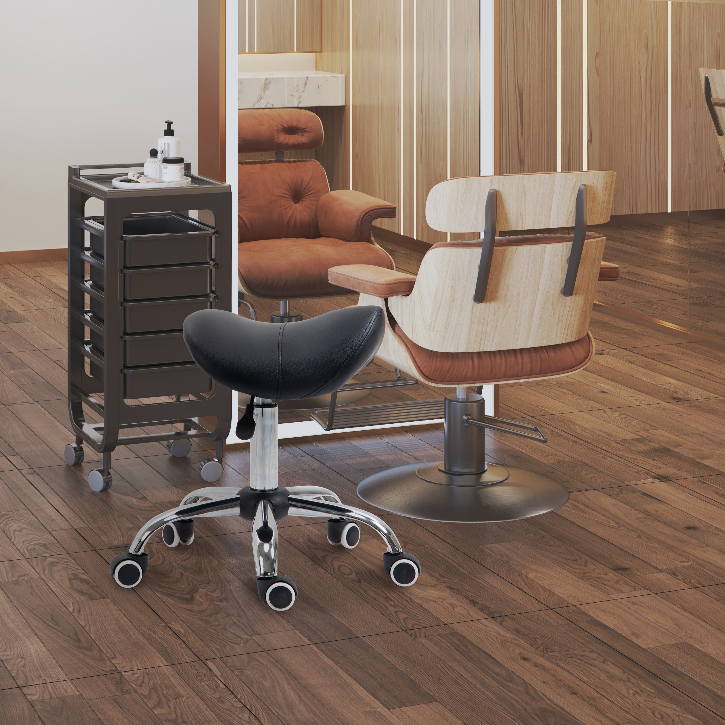 HOMCOM Cosmetic Stool 360° Rotate Height Adjustable Salon Massage Spa Chair Hydraulic Rolling Faux Leather Saddle Stool Mobility, Black 