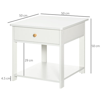 HOMCOM Bedside Table with Drawer and Bottom Shelf, Square Side End Table for Bedroom, Living Room, White, Set of 2 