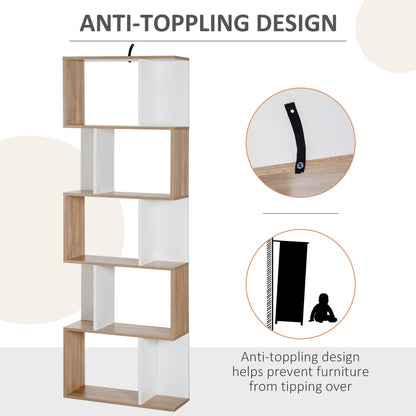 HOMCOM 5-tier Bookcase Storage Display Shelving S Shape design Unit Divider Natural 
