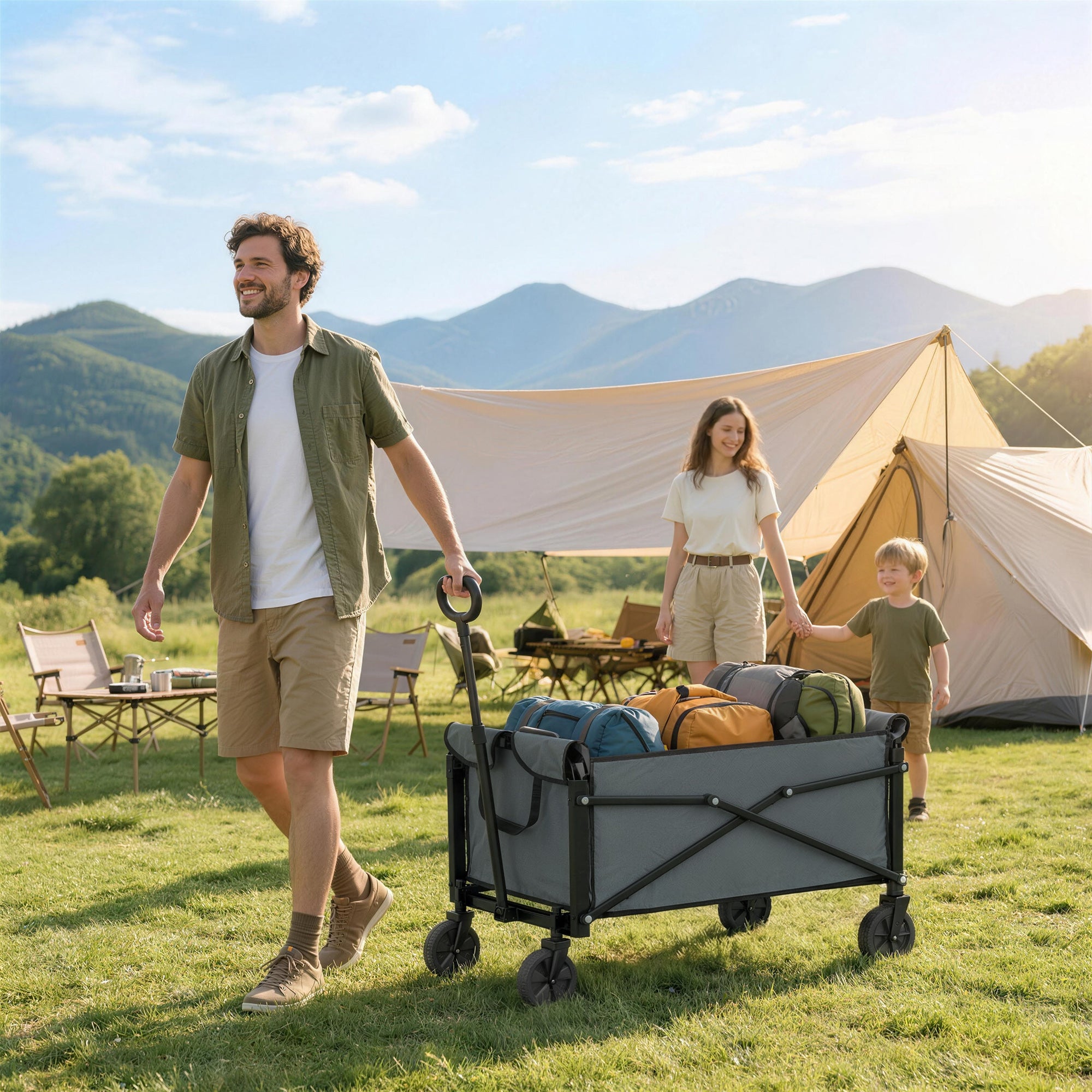 Outsunny 81L Festival Trolley on Wheels, Compact Garden Folding Trolley Cart with Adjustable Handle 80L, Grey 