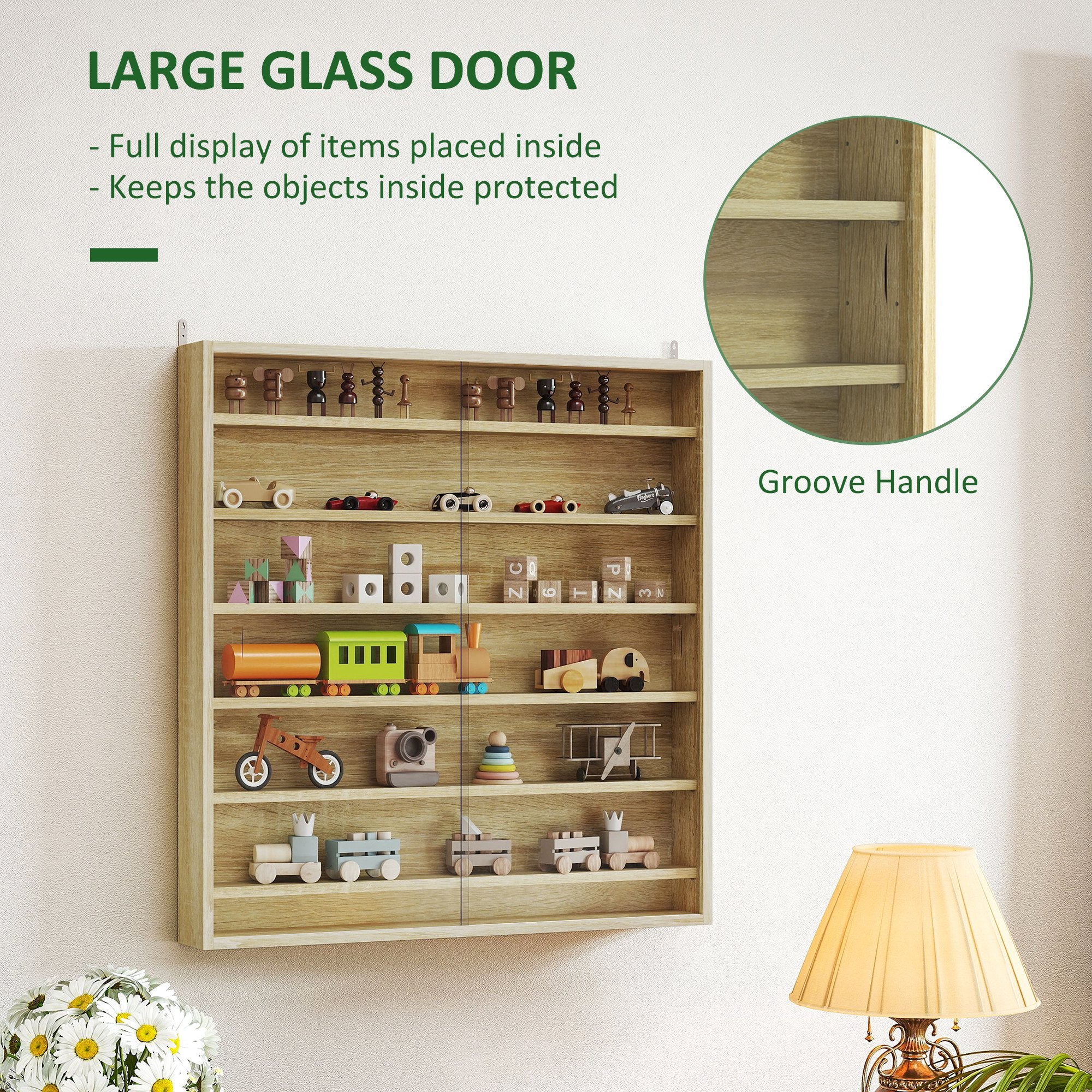 HOMCOM Six Shelf Display Cabinet, with Glass Doors - Oak