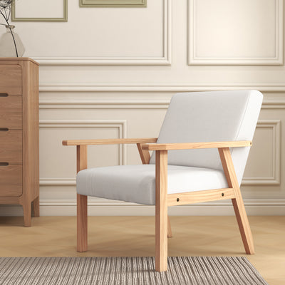 HOMCOM Accent Chair Wood Frame with Thick Linen Cushions Wide Seat Armchair Home Furniture Bedroom Office Cream White 