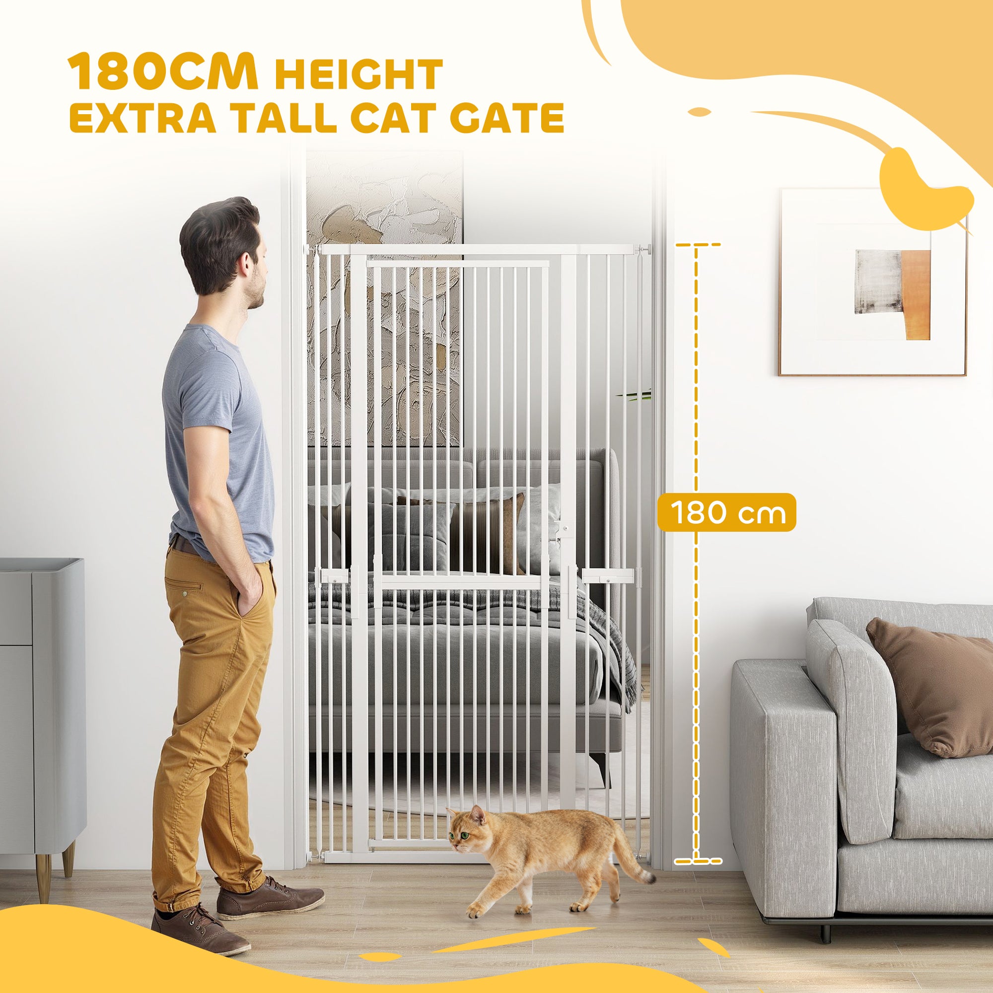 PawHut 180cm Extra Tall Pet Gate with 3.5 cm Narrow Gap, Pressure Mounted No Drilling Cat Gate for Doorways, 76-104cm Width 