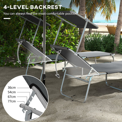 Outsunny Outdoor Foldable Sun Lounger Set of 2, 4 Level Adjustable Backrest Reclining Sun Lounger Chair with Angle Adjust Sun Shade Awning for Beach, Garden, Patio, Grey 