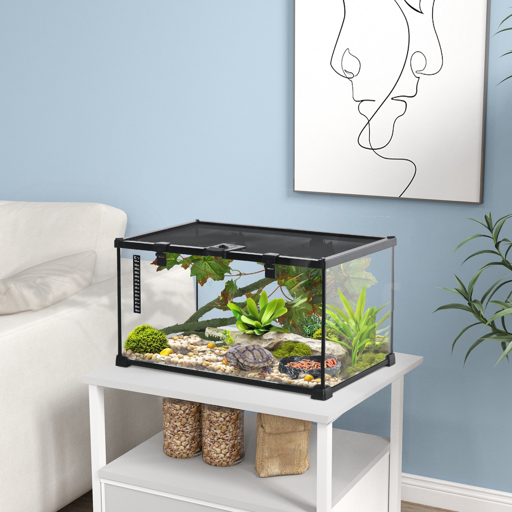 PawHut Glass Reptile Terrarium with Decor Kit, Breeding Tank with Thermometer for Small Animals, 50 x 30 x 25cm, Heated - Black 