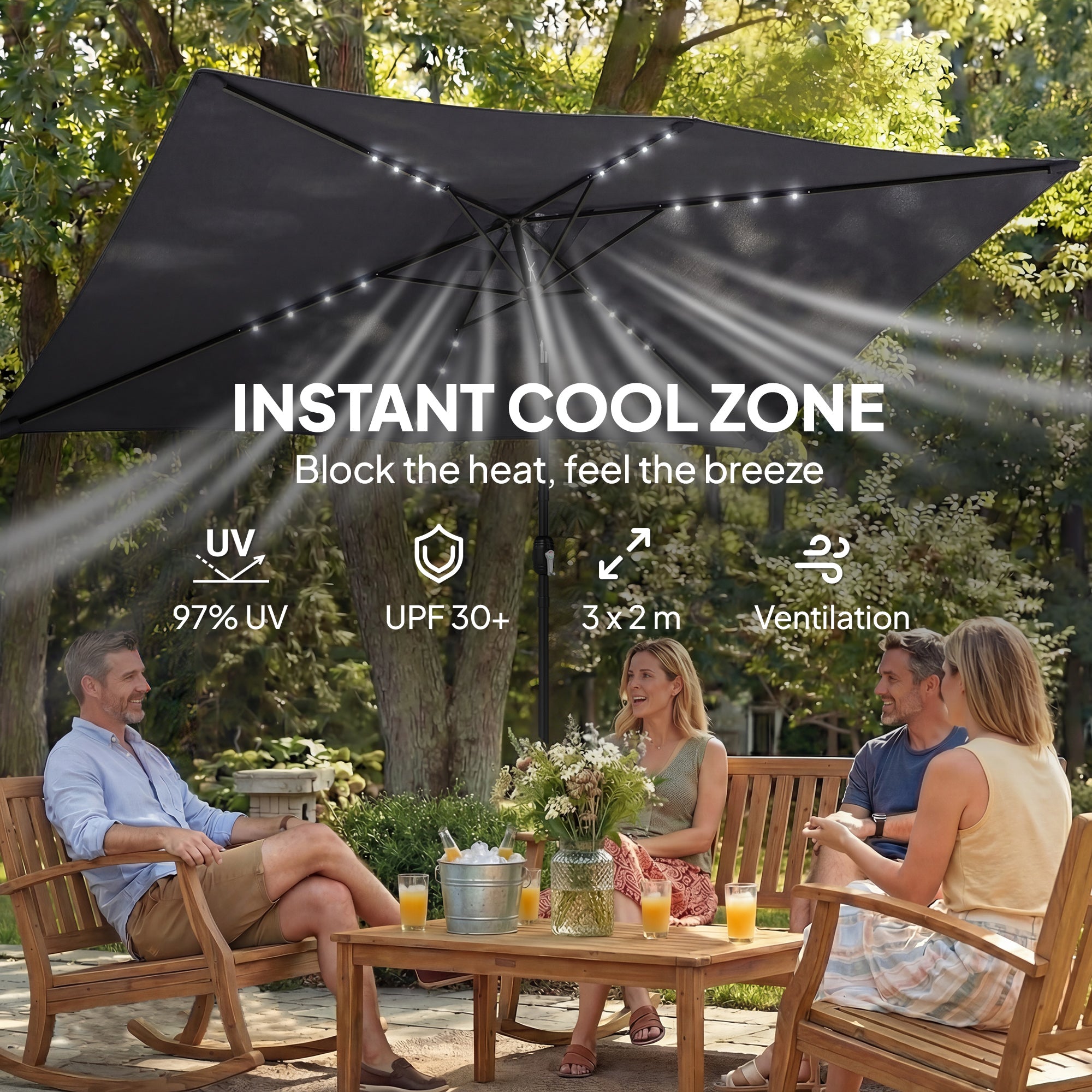 Outsunny 3 x 2 m Garden Parasol Umbrella with LED Solar Light, Parasol Cover, Outdoor Market Patio Umbrella, Black 