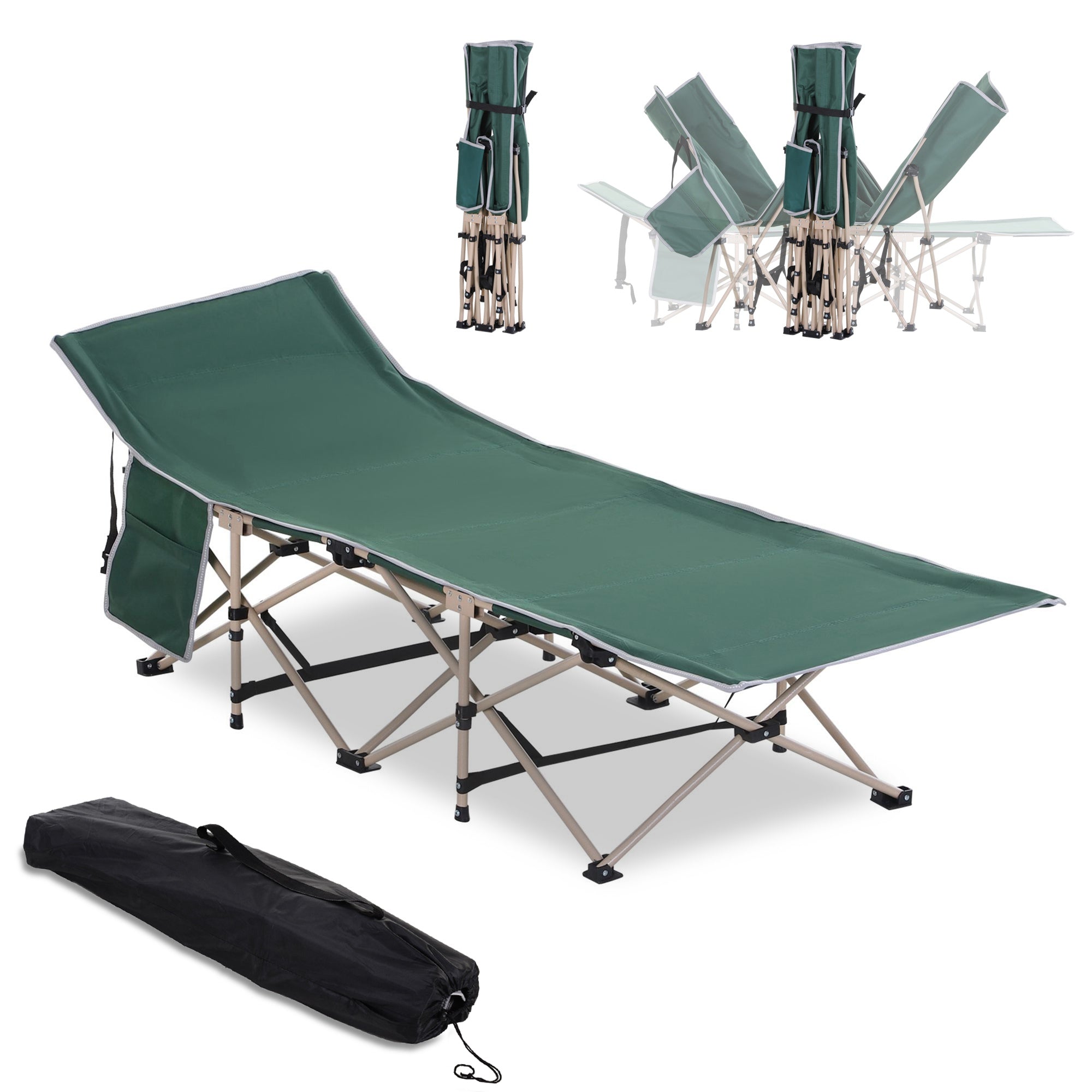 Outsunny Single Person Camping Bed Folding Cot Outdoor Patio Portable Military Sleeping Bed Travel Guest Leisure Fishing with Side Pocket and Carry Bag - Green 