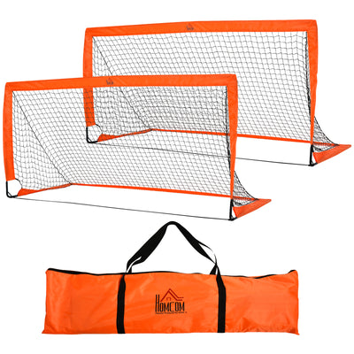 HOMCOM Set of 2 Football Goal Net 6 x 3 ft Foldable Outdoor Sport Training Teens Adults Football with Carrying Bag Orange 