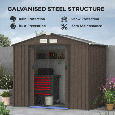Outsunny 7 x 4ft Metal Garden Shed, Outdoor Storage Tool House with Ventilation Slots, Foundation Kit and Lockable Double Doors, Brown 