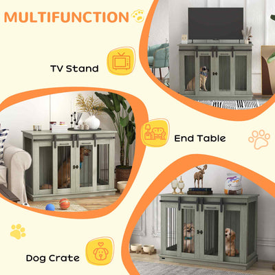 PawHut Dog Crate Furniture for Large Dogs, Double Dog Cage for Small Dogs, with Divider - Grey 