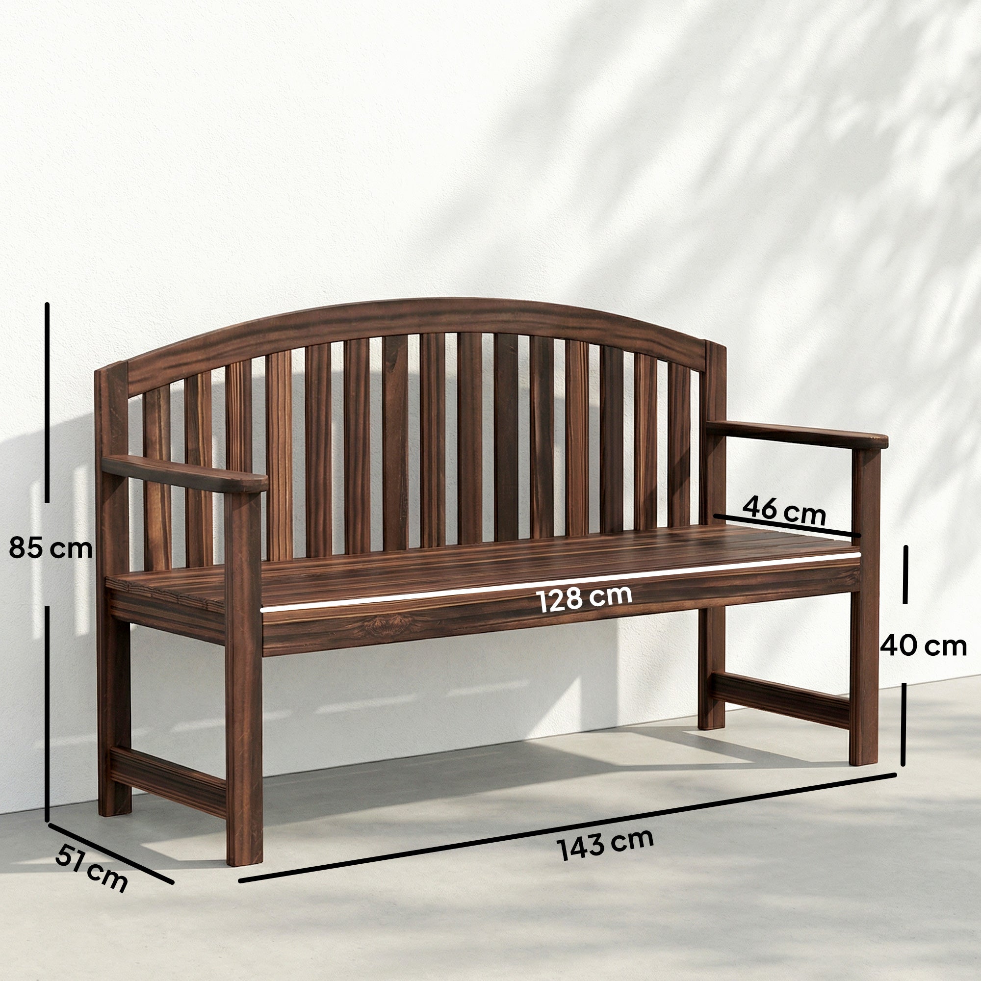 Outsunny 2 Seater Wooden Garden Bench with Armrest, Outdoor Furniture Chair for Park, Balcony, Carbonised Finish 
