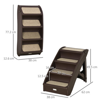 PawHut Foldable Four-Step Pet Stairs, for Cats, Small Miniature Dogs, with Non-Slip Mats 62 x 38 x 49.5cm - Brown 