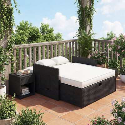 Outsunny Rattan Garden Daybed, Double Sun Lounger with 5-Level Adjustable Back, Storage Ottoman, Cream White 