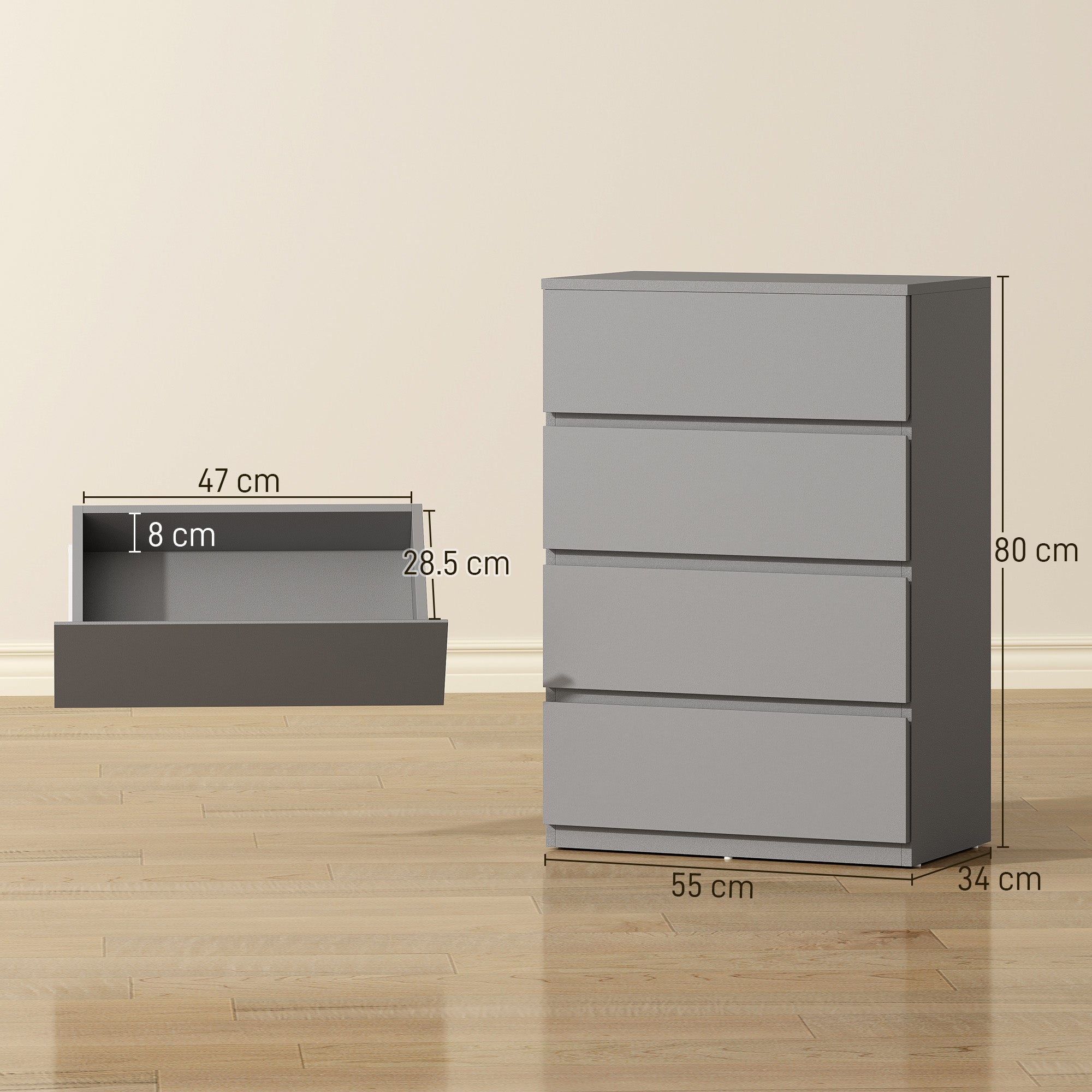 HOMCOM Chest of Drawers, 4-Drawer Storage Cabinets, Modern Dresser, Storage Drawer Unit for Bedroom 