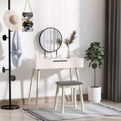 HOMCOM Dressing Table with Mirror and Stool, Vanity Makeup Desk Set with 2 Drawers, Cushioned Stool and Make-up Organizer for Bedroom and Dressing Room, White 