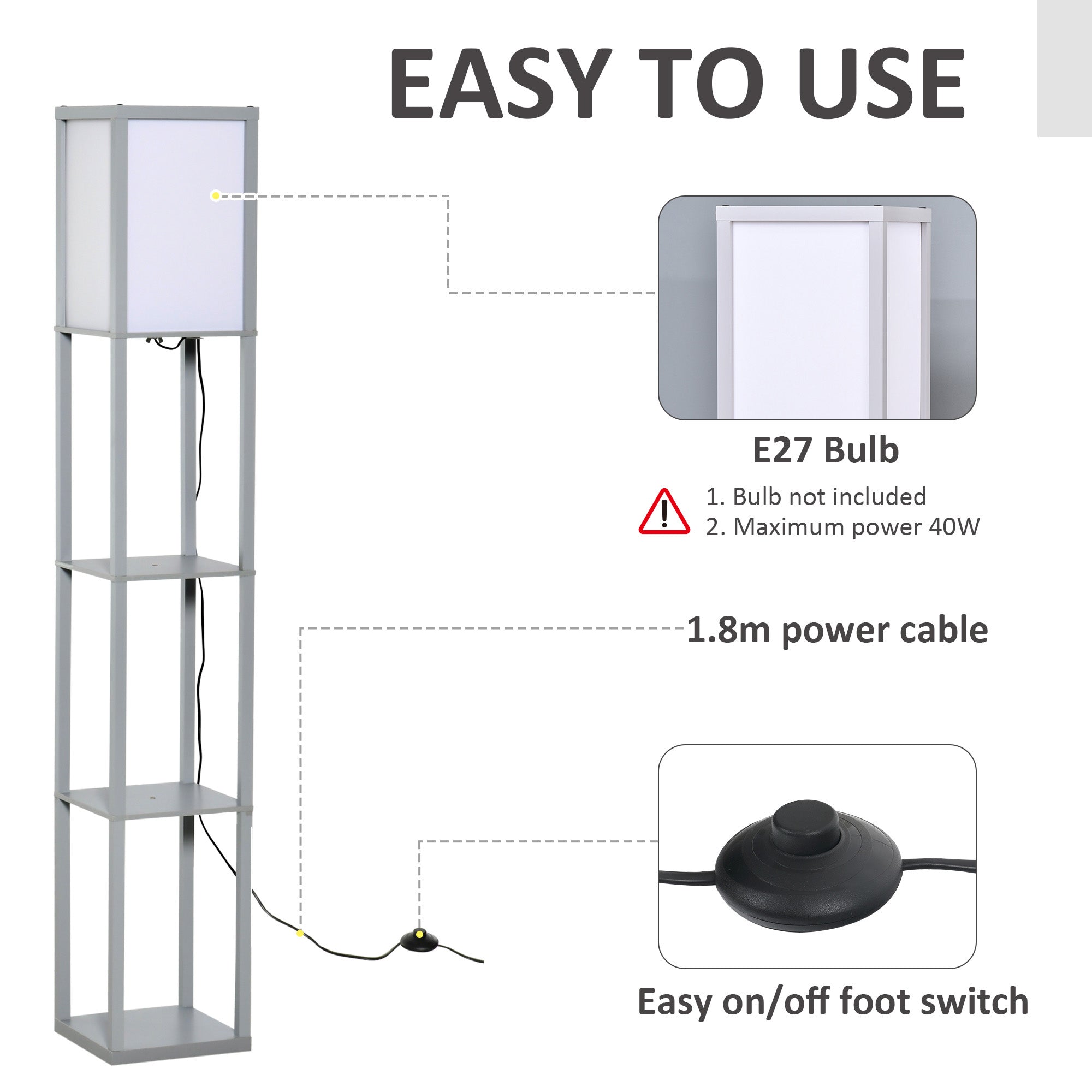 HOMCOM 3-Tier Floor Lamp, Floor Light with Storage Shelf, Reading Standing Lamp with Acrylic Shade for Living Room, Bedroom, Kitchen, Dining Room, Office, Dorm, 160cm, Grey 