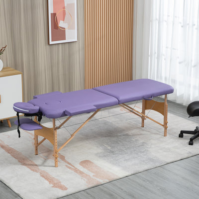 HOMCOM Portable Massage Bed, Folding Spa Beauty Massage Table with 2 Sections, Carry Bag and Wooden Frame, Purple 