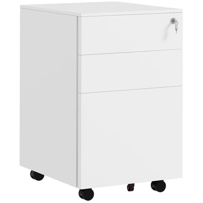 Vinsetto 3-Drawer Vertical Filing Cabinet with Pencil Tray, Lock and 5 Wheels, Steel Mobile File Cabinet, for A4, Legal and Letter Size, Pre-Assembled Body, White 