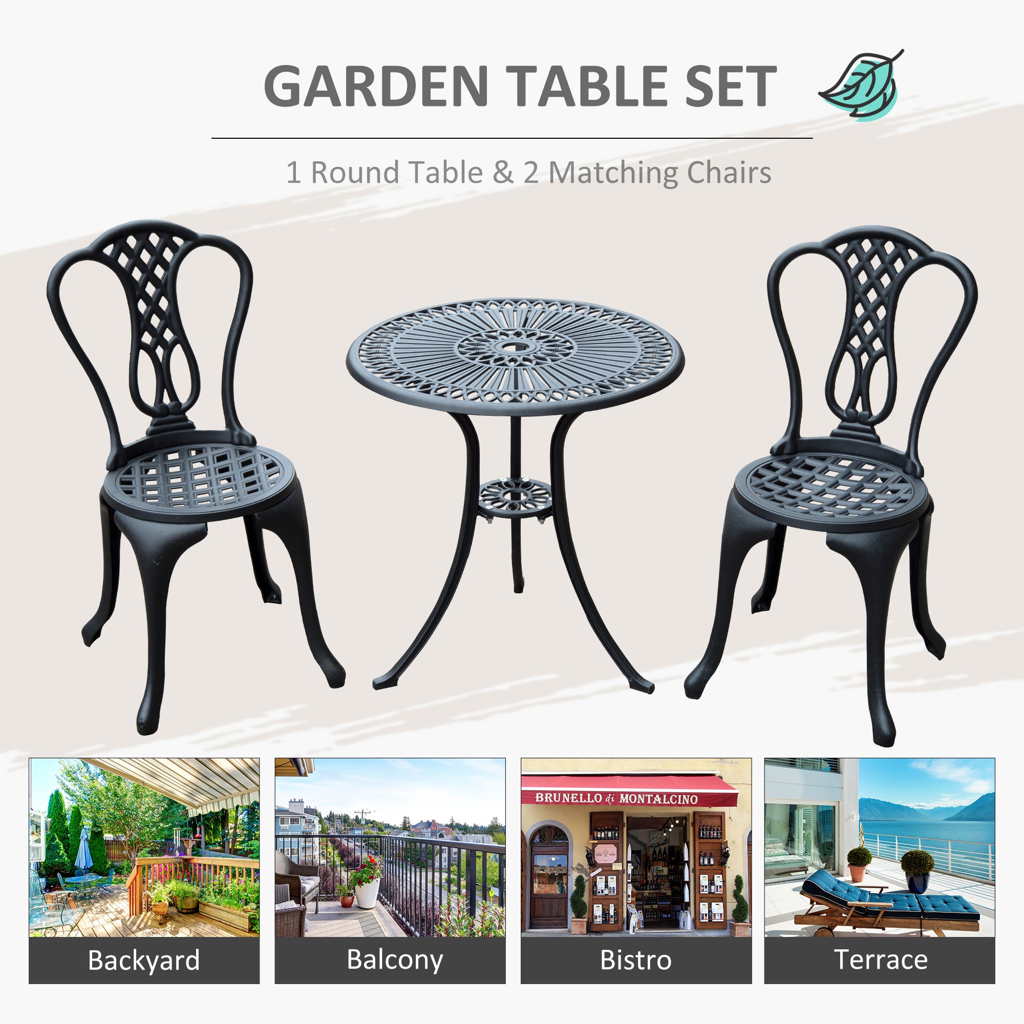 Outsunny 3 Piece Patio Cast Aluminium Bistro Set Garden Outdoor Furniture Table and Chairs Shabby Chic Style 