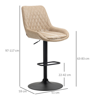 HOMCOM Retro Bar Stools Set of 2, Adjustable Kitchen Stool, Upholstered Bar Chairs with Back, Swivel Seat, Light Khaki 