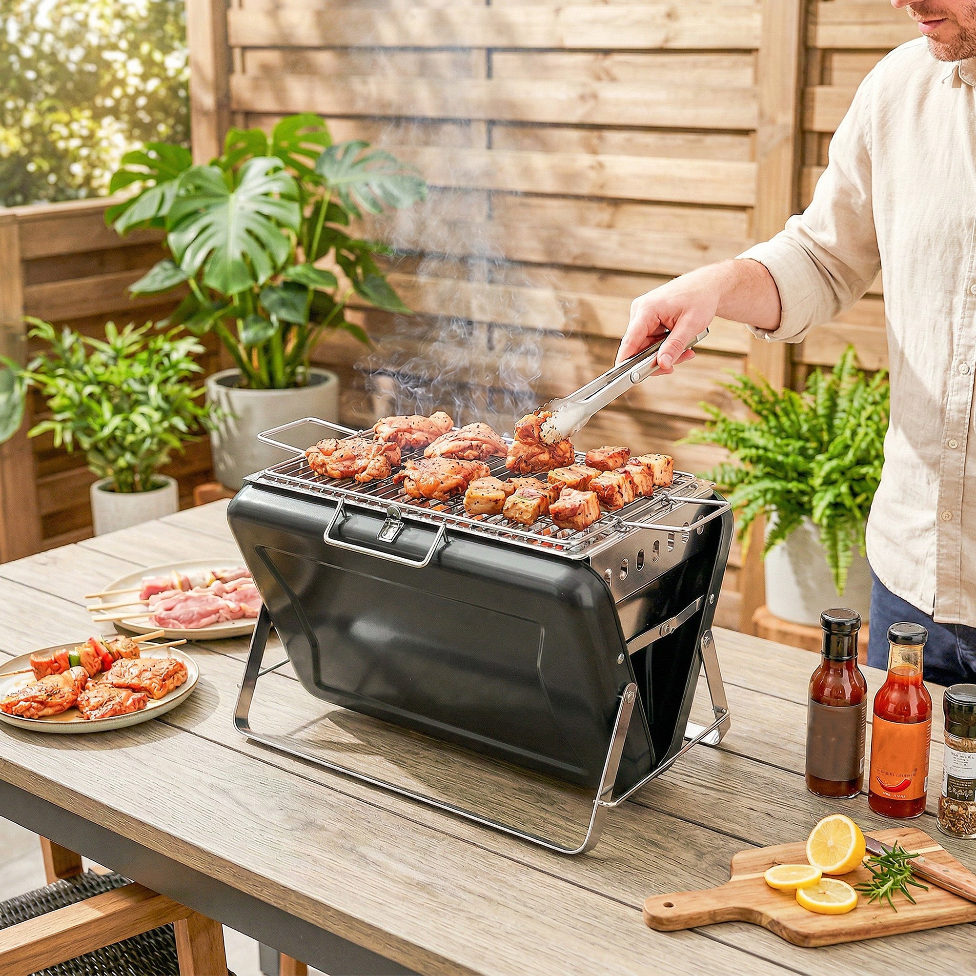 Outsunny Charcoal BBQ Grill Portable Stainless Steel Barbecue with Tilting Grate for Camping Picnic Garden Black 
