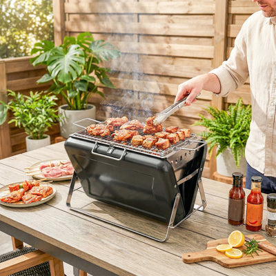Outsunny Charcoal BBQ Grill Portable Stainless Steel Barbecue with Tilting Grate for Camping Picnic Garden Black 
