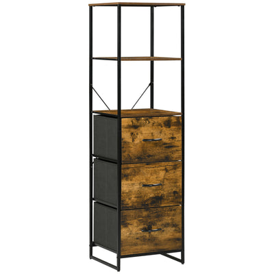 HOMCOM Industrial Storage Cabinet with 2 Open Shelves and 3 Foldable Fabric Drawers, Multifunctional Bookshelf in Living Room, Study, Bedroom, Rustic Brown 