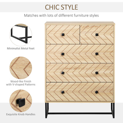 HOMCOM 5 Drawer Chest Sideboard Cabinet Storage Unit Bedroom Home Unique Zigzag Design w/ Black Metal Handles Anti Tip & Top 
