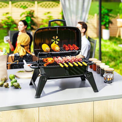 Outsunny Charcoal Barbecue Grill Folding BBQ Grill with 1232 cm² Cooking Area, Adjustable Vent, Thermometer, Handles for Camping Picnic, Black 