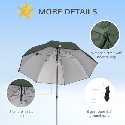 Outsunny 2m Beach Parasol Fishing Umbrella Brolly with Sides and Push Botton Tilt Sun Shade Shelter with Carry Bag, UV30+, Green 