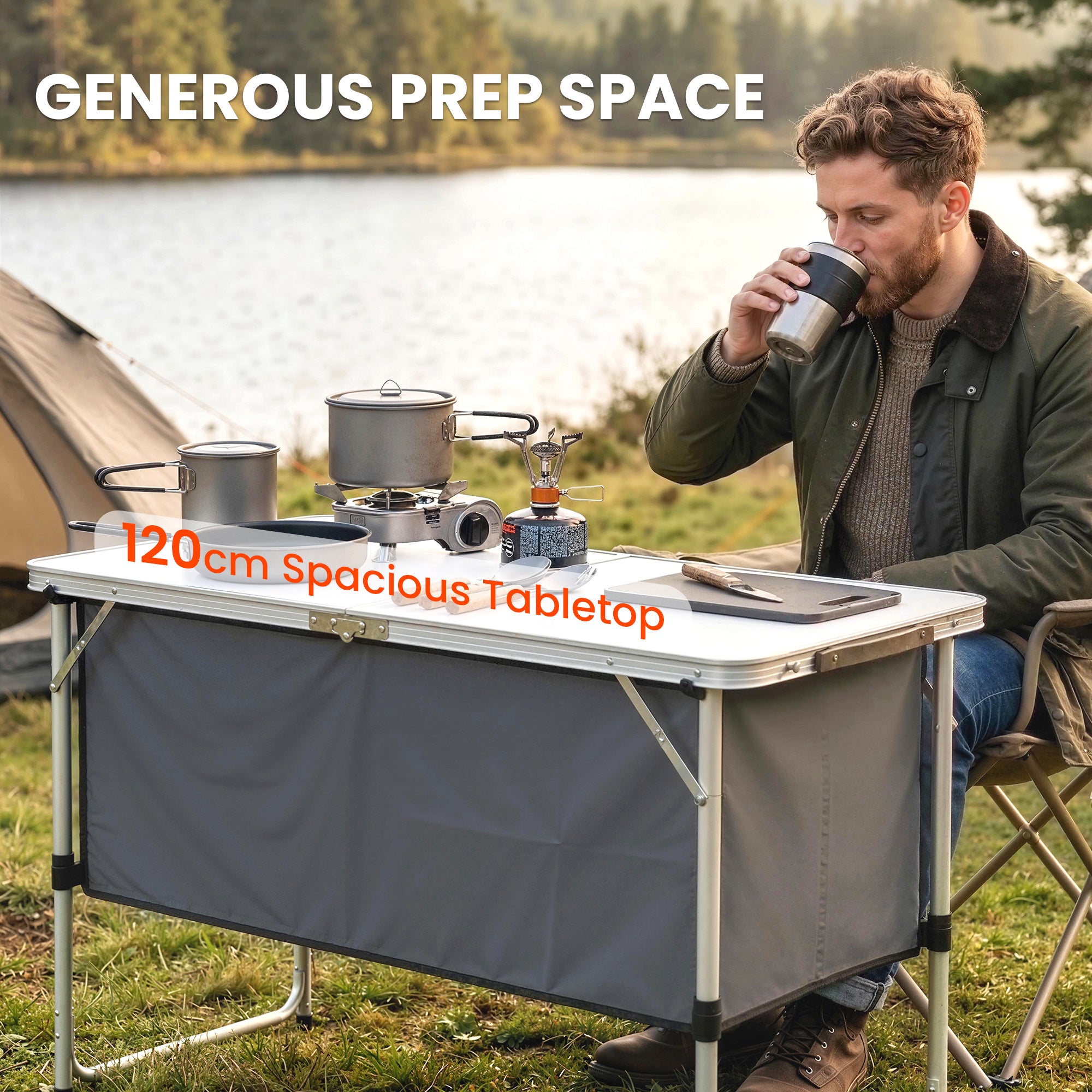 Outsunny Camping Cupboards Folding Portable Aluminium Camp Cook Station with Storage Cupboard for Outdoor BBQ 