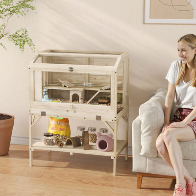 PawHut 2 Tier Wooden Hamster Cage with Shelf and Openable Top 
