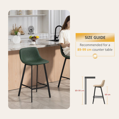 HOMCOM Bar Stools Set of 2, PU Leather Dining Stools with Backrest, Footrest, for Kitchen, Counter, Breakfast Bar, Green 