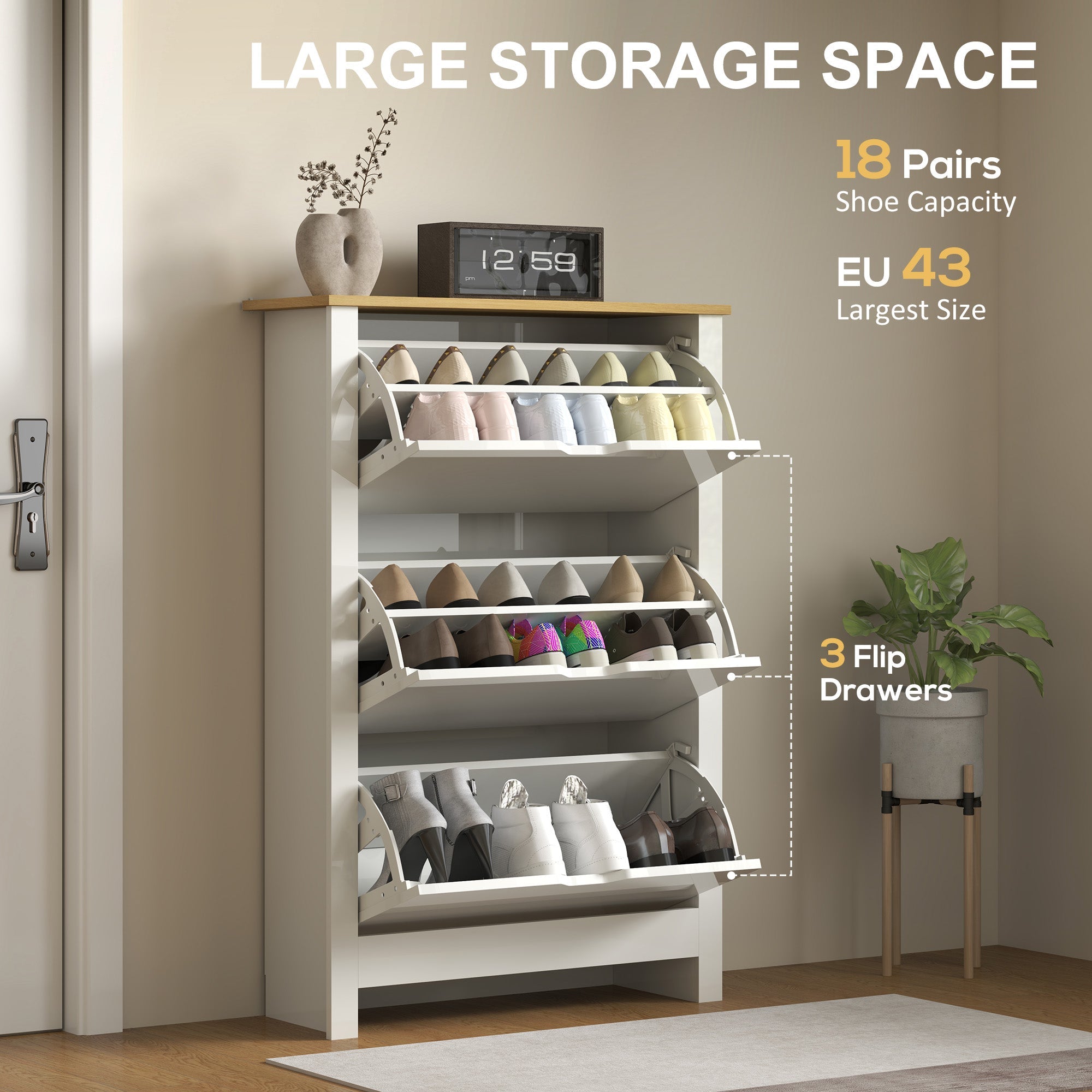HOMCOM Slim Shoe Cabinet, Narrow Shoe Cupboard with 3 Flip Drawers, Adjustable Shelves for 18 Pairs of Shoes, High Gloss White 
