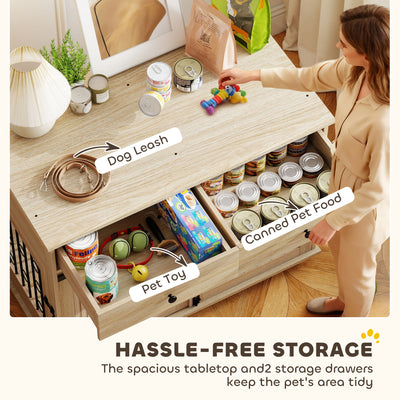 PawHut Dog Crate Furniture on Wheels, Dog Cage with 2 Drawers, Sliding Door, for Medium Large Dogs, Oak Tone 